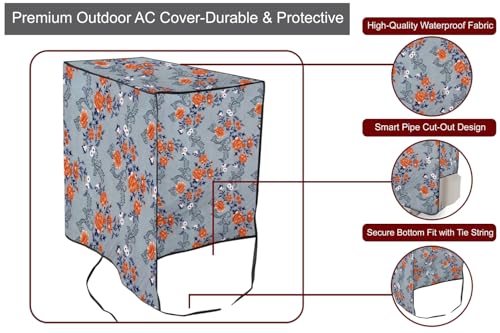 Image of The Furnishing Tree 1.5 Ton Split AC Cover for Indoor and Outdoor Units Floral Pattern Blue