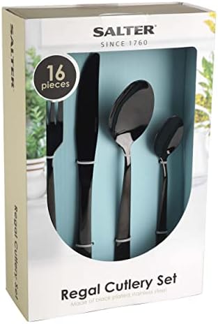 Salter BW05463 16 Piece Cutlery Set, Regal Black Plated Stainless Steel Tableware, Knife, Fork, Teaspoons, Dessert Spoons, For 4 People, Glossy Finish, Stylish & Modern Flatware Dinner Service