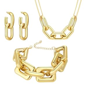 Gold Jewelry Set for Women, Gold Chunky Necklace for women, Gold Dangle Earrings, Chunky Gold Chain Bracelet, Camellia Jewelry Set, Flower Necklace for Women, Peral Bracelet