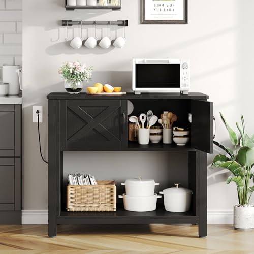 YITAHOME Sideboard Buffet Cabinet with Storage, Farmhouse Coffee Bar Cabinet with Power Outlet, 32 Inch Kitchen Cupboard Table with 2 Doors for Living Room, Entryway, Kitchen, Black
