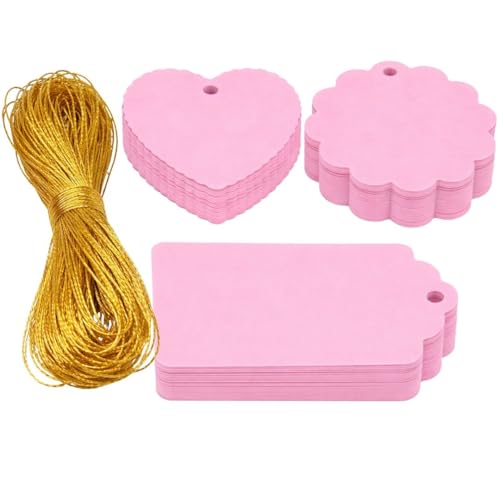Image of CVANU Premium Gift Tags (120 Pcs) - 3 Designs Blank Hanging Tags with Pre-Punched Holes & Golden String for DIY Crafts| Gift Wrapping| Small Business & Labelling (Light Pink2)