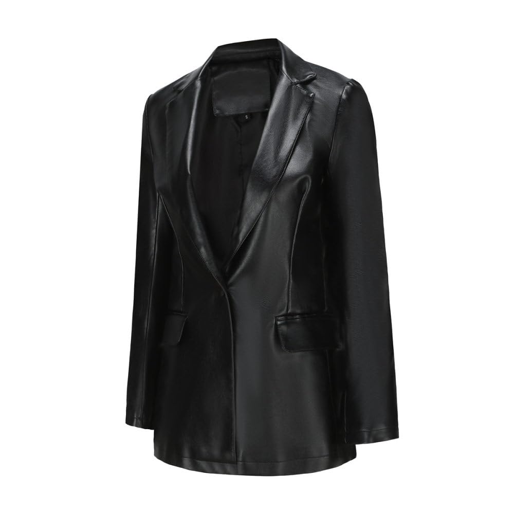 Chaqueta Mujer Primavera,Chaqueta De Piel Sintética Para Mujer, Chaqueta Negra Con Solapa Con Muescas, Chaqueta De Motociclista De Pu Con Botón De Bolsillo, Chaqueta Bomber De Ajuste Regular, Chaq
