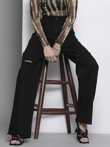 Image of Sassafras Women's Distressed Slim Fit Slit - Casual Streetwear Denim Wide Leg Jeans