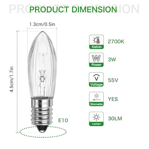 SCNNC Candle Light Bulbs E10 55V 3W, Candle Arch Bridge Bulb Replacement Warm White 2700K - Image 2