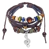 HFZRZFH Music Note Bracelet Hippie Boho Grunge Beaded Leather for Women Men, Fairy Core Y2K Aesthetic Black Rocker Jewelry, Handmade Adjustable Wood Wristband, Whimsical Fashion Accessories