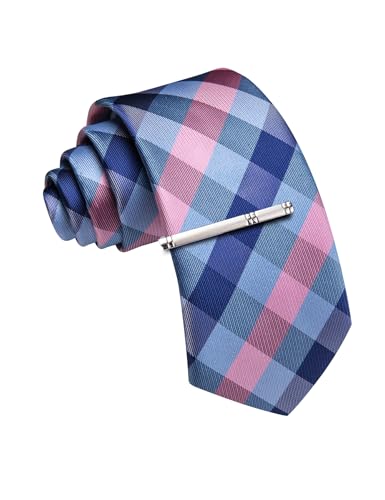 Image of Barry.Wang Plaid Ties Mens Silk Necktie and Tie Clip Checkered Tie for Wedding Party Business Formal