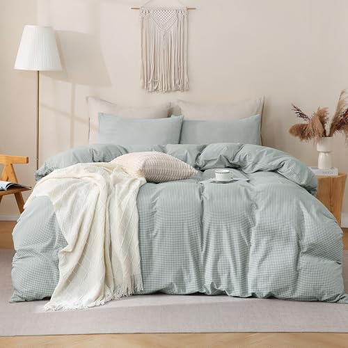 Image of TOCOMOA Mini Gingham Green Duvet Cover Bedding Set 100% Washed Cotton Like Linen Feel Super Soft Comfortable 3 Piece Small Plaid Checkered Comforter Cover Set (Queen 90 inchx90 inch, Comforter Not Included)