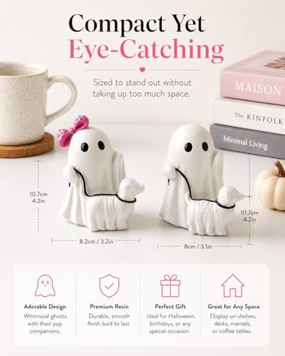 Halloween Ghost Walking Dog Figurines, Resin Statues with Pink Bow, Cute Spooky Tabletop Decor for Shelf, Mantel, Tiered Tray, Entryway, Home Decorations Gift for Dog Lovers (Ghost Walking Dog) - image 5