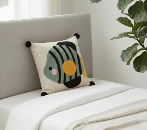 Image of Fish Embroidered Kids Cushion Cover 16 x 16 Inches or 40x40 cms Cotton Fabric Cushion Covers for Sofa Set /Diwan Beds, Sofa Throw Pillow Cover Only, Set of 1 Pc