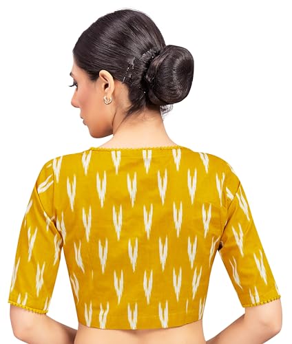 Studio Shringaar Women's Readymade Black Cotton Block Printed Elbow Length Sleeves Saree Blouse