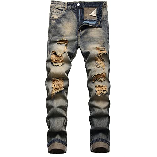 MXCVYCC Men's Ripped Slim Fit Jeans Distressed Regular fit Jeans for Men Brown Straight Leg Comfort Flex Jeans Designer Fashion Pants (46, Brown-Regular fit Jeans)