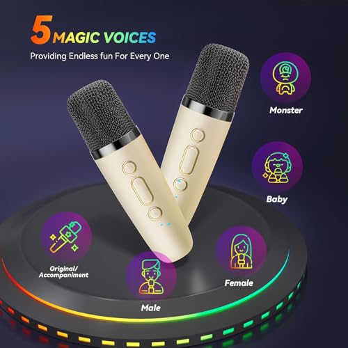 Karaoke Machine for Kids Adults, Portable Bluetooth Mini Karaoke Microphone Singing Speaker Karaoke Player with 2 Wireless Mic Toys for All Smartphones,Birthday, Family,Home Party (Beige) by Peski - Image 4