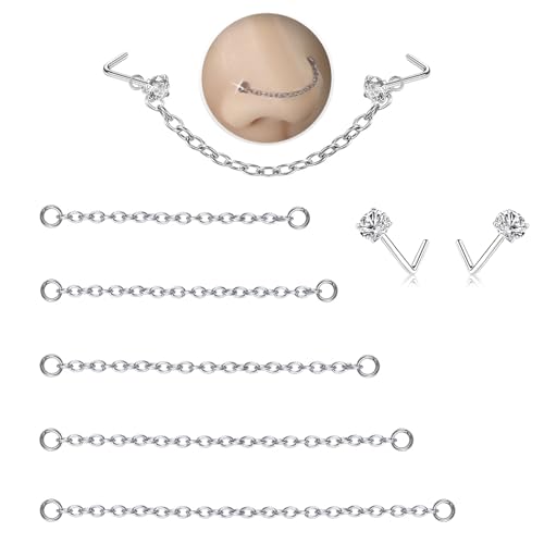 Nose Rings Studs: 5Pcs Nose Chain and 2Pcs 20G L Shaped Nose Studs with 3mm CZ Set Hypoallergenic Surgical Steel Perfect for Double Nose Piercing Dainty Nostril Bridge Jewelry for Women and Men