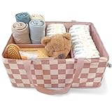 Tiny Twinkle Diaper Caddy Organizer | Foldable Baby Storage Basket with Removable Divider | Waterproof & Mess-Proof Fabric, Portable Nursery Organizer for Newborn Essentials (Beige Checkers)