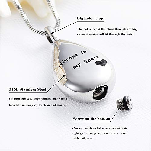 Yinplsmemory Carved Teardrop Keepsake Ashes Necklace Urn Pendant Cremation Memorial Jewelry-Always in my heart2