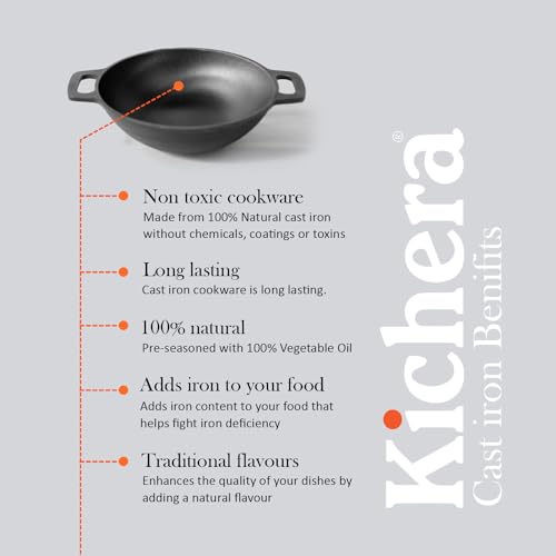 Image of Kichera Pre Seasoned Cast Iron Kadai with 2 Loop Handles (10 Inch) | 2.5kg, 2.5L Capacity | Cookware for Deep Frying | Wok, 26cm Diameter | Kadhai Non Stick |Pure & Toxin-Free