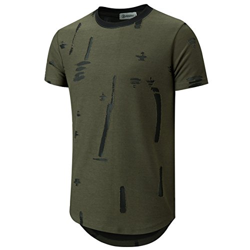 KLIEGOU Mens Hipster Hip Hop Round Hemline Hole T Shirt 1805 (X-Large, ArmyGreen)