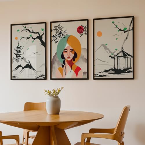 Image of NoWorries Japanese wall art painting with frame for home decoration /Wall decor paintings for living room, Framed poster set for bedroom (Japanese pattern) (13x19 inches)