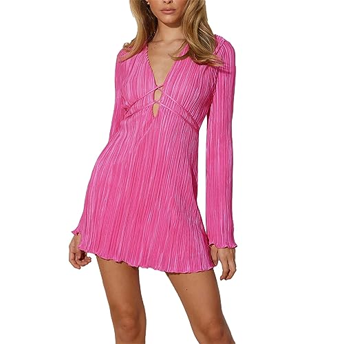 AMDOLE Faschingskleid, V-Ausschnitt, einfarbig, sexy, langärmelig, mit Mikro-Trompetenärmeln, Sommerkleider für Damen, UK, hot pink, S