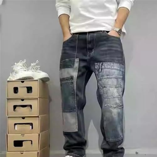 Men’S Streetwear Patchwork Straight Leg Cotton Jeans Slim Fit Multi Pocket Button Fly Midweight Distressed Skater Pants2