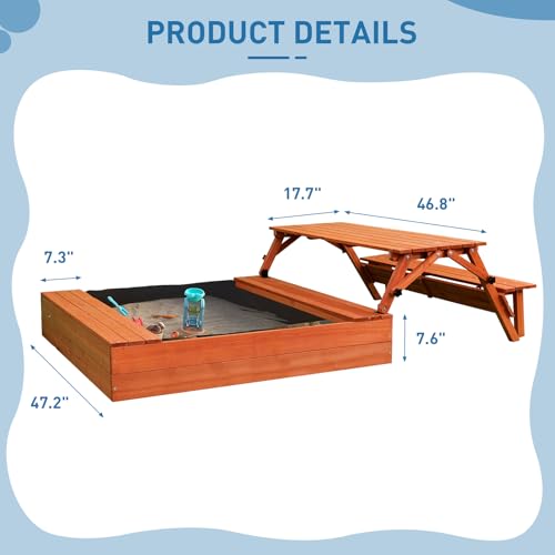FunXplore Wooden Kids Sandbox with Lid Sand Box with Cover Outdoor Sand Pit with Picnic Table Ages 4-8 Bottom Liner - Thumbnail 5