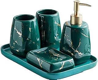 YYW Ceramics Bathroom Sets, 3/4/5 Pieces Modern Luxury Bathroom Accessories Set Marble Pattern Ceramics Bathroom Sets Accessories for Home, Apartment, Dormitory (Dark Green Bathroom 4-Piece Set)