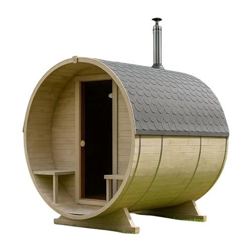 Gardj Fasssauna Garten Outdoor Sauna aus nordischer Fichte – Verschiedene Größen (2–6 Personen) – Wahlweise mit Holz- oder Elektroofen – Inkl. Zubehörset (240 cm, Runde, Holzofen)