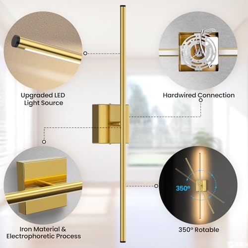 Image of Hardwired Wall Sconces, Modern Wired Wall Sconce, Gold Wall Sconces Set of 2, 350 Rotatable Dimmable Sconces Wall Decor for Bathroom, Living Room, 28 Inch (2 Pack)