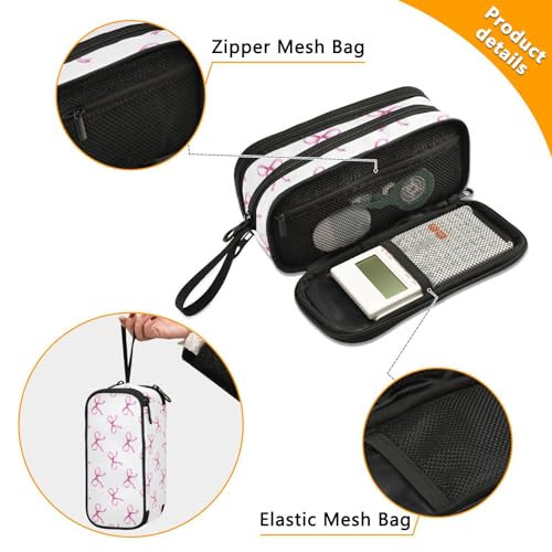 Image of Pencil Case Big Capacity Pink Bows Ribbon Handheld 3 Compartments Pencil Pouch Portable Large Storage Canvas Pencil Bag for Boys Girls Adults Students
