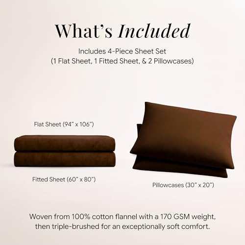 Image of Tribeca Living Triple Brushed Soft Cotton Flannel Sheets Set, Queen Size 170-GSM Weight Extra Deep Pocket Sheet in Solid Chocolate Color