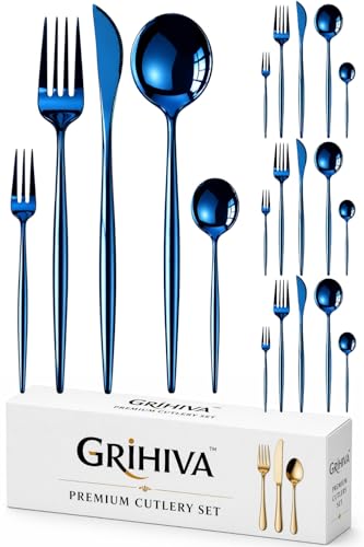 Image of 20 Pcs Blue Cutlery Set for Dining Table the Perfect Lightweight Silim Handle Tableware Including Dinner Spoon, Dinner Fork, Dinner Knife, Dessert Spoon & Dessert Fork