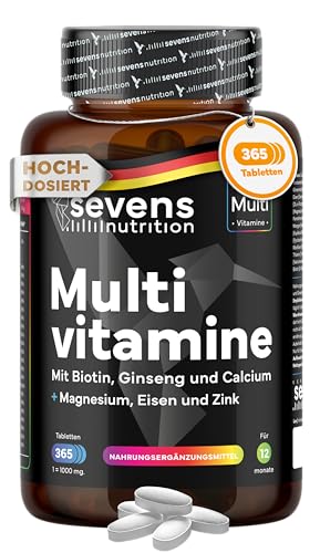 Multivitamin Premium - 365 Multivitamin Tabletten Hochdosiert - Mit Magnesium, Zink, Vitamin B Komplex, Vitamin D & Biotin - Mit 26 Vitamine & Mineralien - 1 Jahres Vorrat - Laborgeprüft - Sevens
