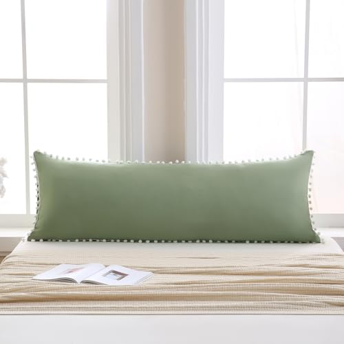 Avocado Green Body Pillow Cover 20x54 Body Pillow Cover Cute White Pom Poms Fringe Design Boho Chic Decor Long Pillow Case Cover with Pocket Closure