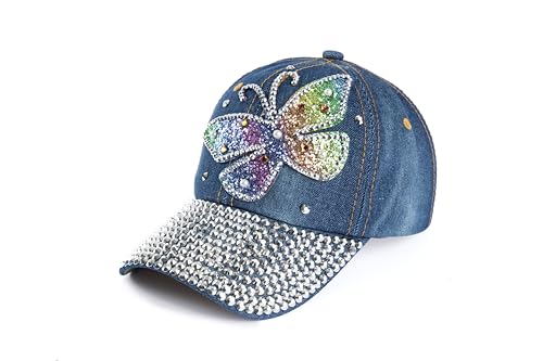 Ashen Fane 6 Panel Studded Rhinestone Bling Denim Casual Baseball Hat, Light Butterfly