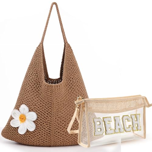 Image of Aliceset 2 Pack Crochet Mesh Beach Tote Bag with Letter Patch Pocket Summer Beach Tote Bohemian Straw Transparent Bag