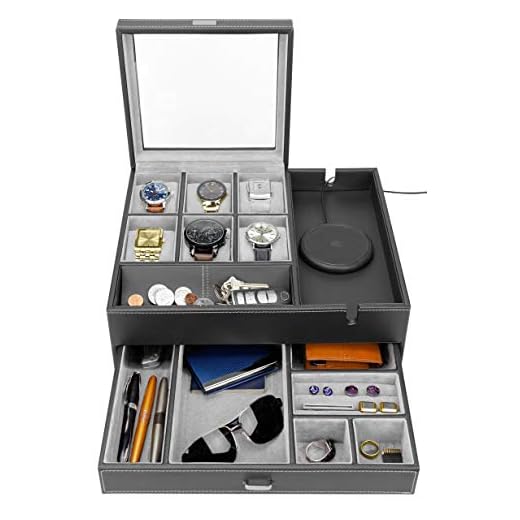 HOUNDSBAY Commander Dresser Valet Watch Box Case & Mens Jewelry Box Organizer with Smartphone Charging Station (Black/Gray)