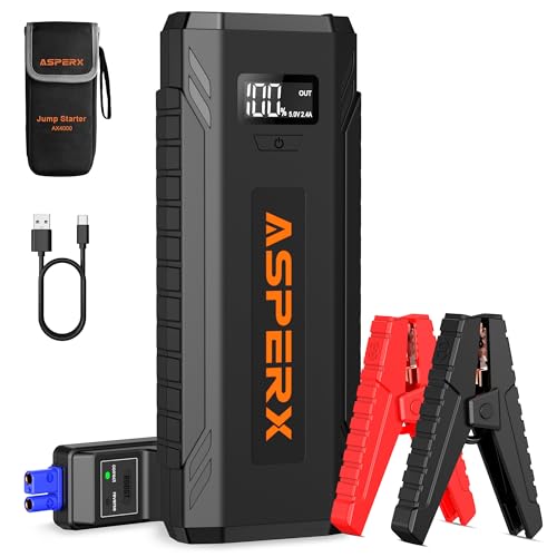 ASPERX Car Jump Starter, 4000A Peak Battery Starter for All Gas or 10.0L Diesel Engines, 12V Battery Starter, Jump Box with USBA, Lithium Battery Booster with Built-in LED Light