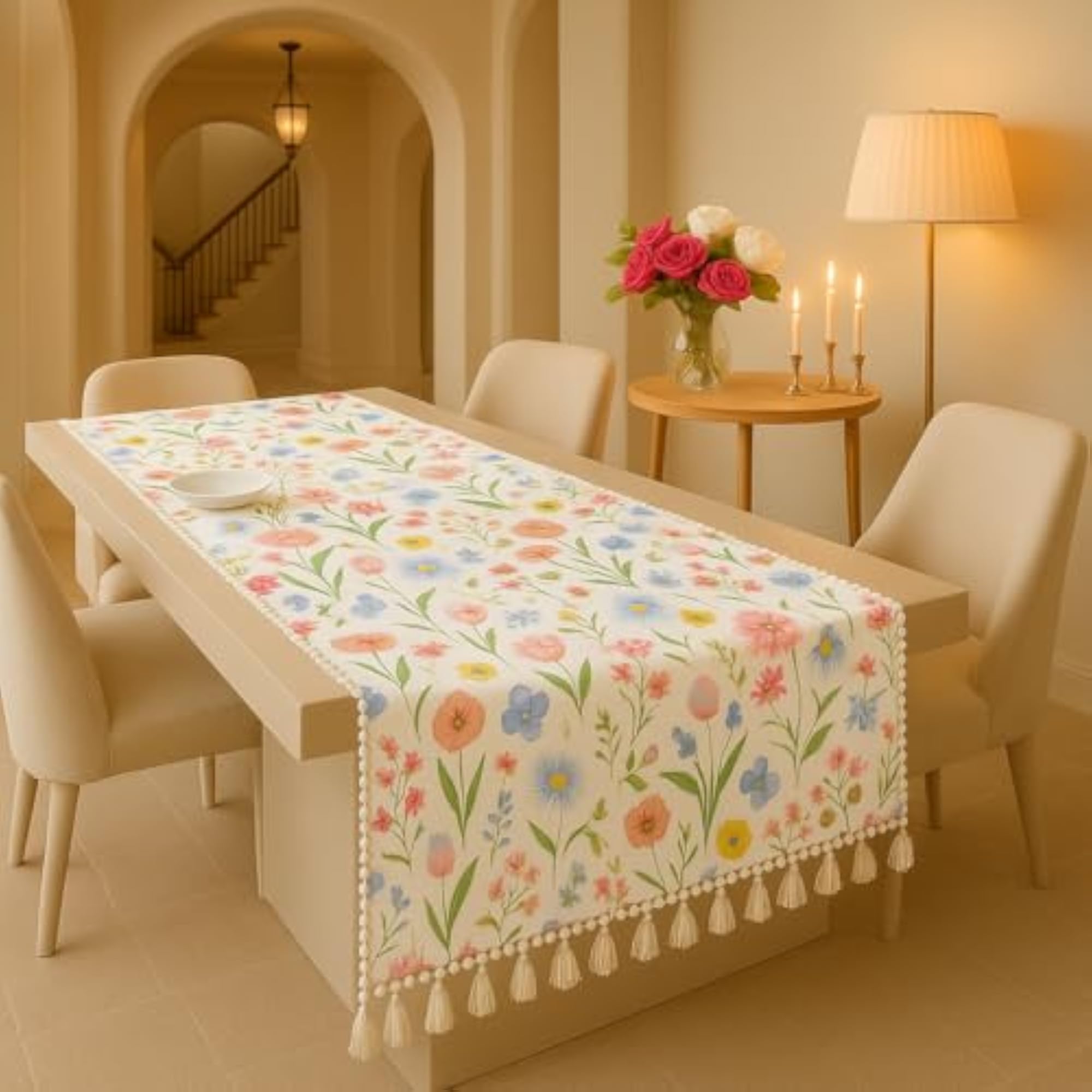 Spring Floral Bloom Tassel & Pom Pom Bedside Table Runner