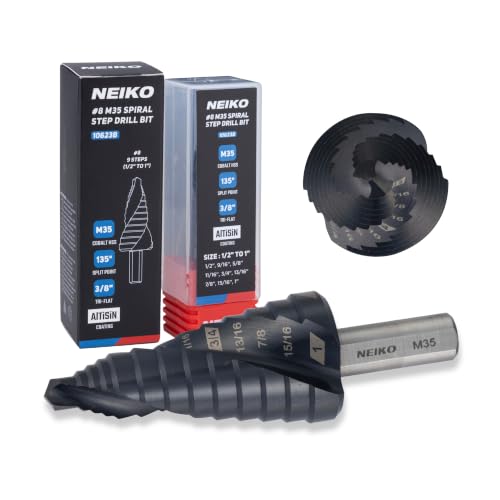 Image of NEIKO 10623B Step Drill Bit, 9 Steps 1 /2 inch to 1 inch Spiral M35 Cobalt, AlTiSiN Coated, 3 /8 inch Tri-Flat Step Bits for Steel, Metal, Wood, Plastic, Unibit Cone Drill Bits, Two Flute