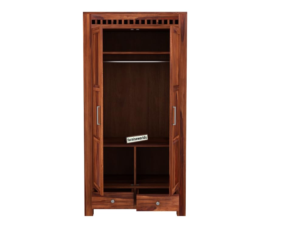 Image of Sheesham Wood Wardrobe with 2 Drawer and 4 Shelves Storage for Bedroom Wooden Almirah for Clothes for Living Room Bedroom Home, Solid Wood Furniture (Honey Finish)