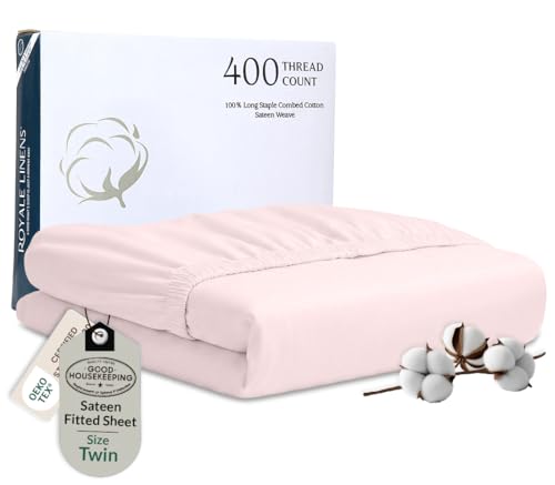 Image of Royale Linens 400 Thread Count Twin Fitted Sheet Only - 100% Cotton Twin Fitted Sheet - Luxury Sateen Weave - All Around Elastic Deep Pocket - Durable Bottom Sheets - Fit Up to 16 inch (Kyoto Blush)