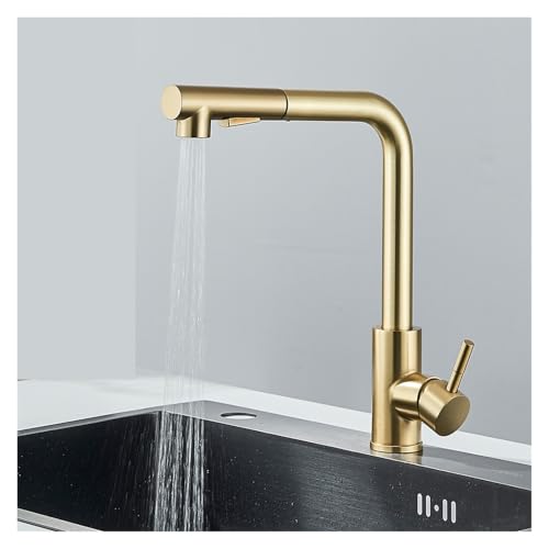 Pull-Out Kitchen Faucet Deck Mounted Single Handle Mixer Swivel spout(Brushed Gold)