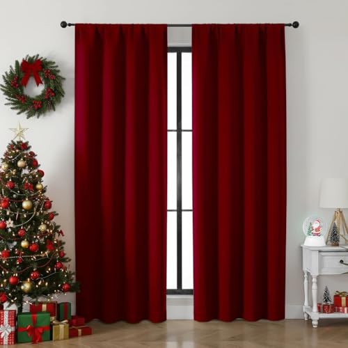 Image of Simplebrand Ava Red Blackout Curtains for Bedroom 84 Inch Length 2 Panels Set, Solid Thermal Insulated Privacy Nursery Window Treatment Curtains Blackout Drapes, W40 x L84 Inch, Red