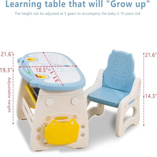 Image of Kids Study Table with Chair Height Adjustable 5 to 10 Years Boys Girls Student Study Desk Chair Combo Children for Home Reading Writing with Table Pen and Book Holder (Blue)