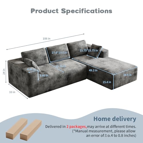 Image of 106 inch Corduroy Sectional Couch, Boneless L Shaped Couch with Deep Seat, Cloud Foam Sofa with Oversized Chaise, Sectional Sofa No Assembly Needed for Living Room
