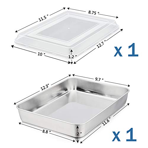 P&P Chef Baking Pan With Airtight Lid, Stainless Steel Lasagna Cake Pan And Plastic Lid, 12.3 Inch Rectangular Bakeware For Baking Reheating Roasting Storing, Heavy Duty & Dishwasher Safe #TOP1