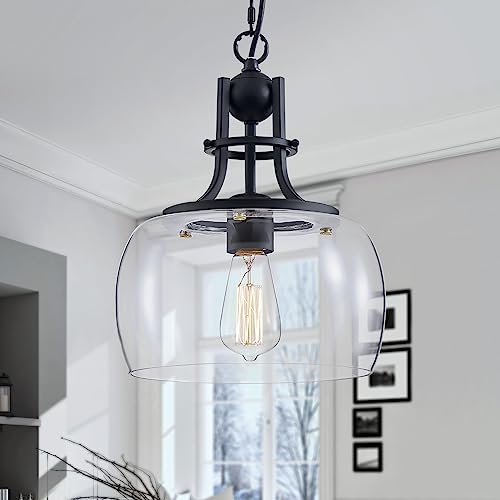 WUZUPS araña rústica casa de campo industrial techo redondo colgante led lámpara con pantallas de vidrio transparente para comedor cocina isla vestíbulo entrada, H 33 W25, Negro