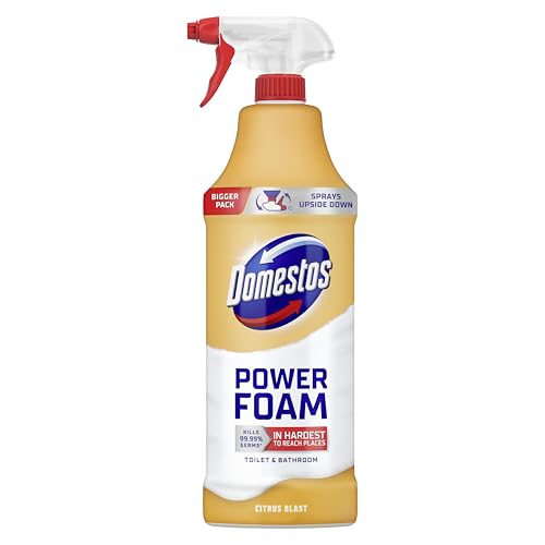 Domestos Power Foam Citrus Blast Toilet & Bathroom Cleaner Spray sprays upside down & eliminates 99.99% of germs* for cleaning inside the toilet & around the bathroom 650 ml