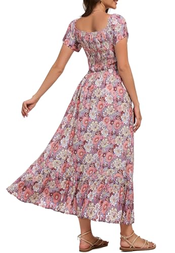 Image of Summer Smocked Boho Maxi Dress for Women 2026 Short Sleeve Floral Smocked Flowy Ruffled Beach Vacation Dresses Lightweight