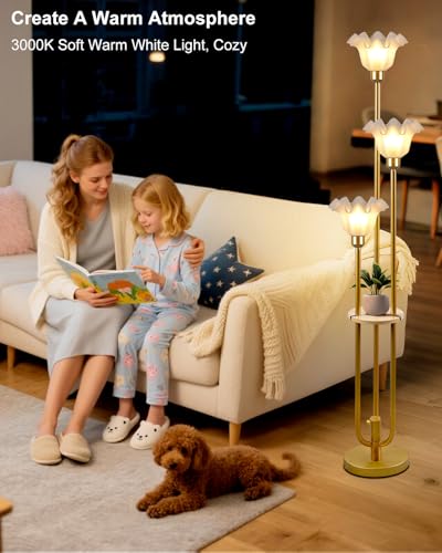 Image of Lightdot Flower Floor Lamp for Living Room Dimmable Vintage Floor Lamp with Shelf& Bulbs Included Mid Century Gold Floral Standing Tall Lamp with 5Lbs Heavy Base for Bedroom /Sofa Beside /Corner Decor